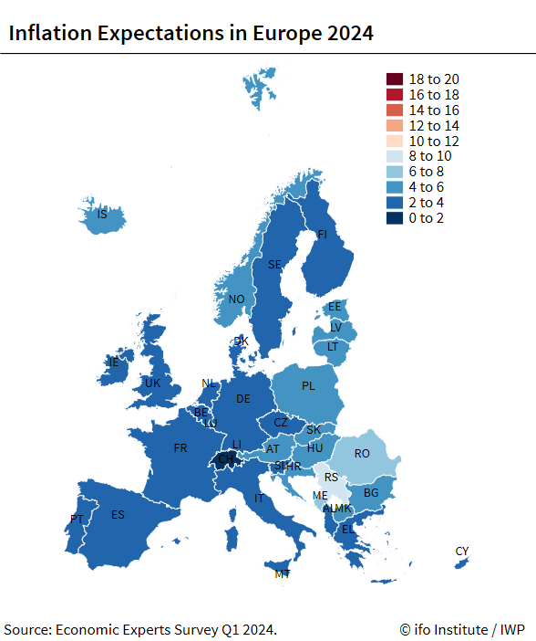 Map, Inflation Expectations Europe 2024, Economic Experts Survey in Q1 2024