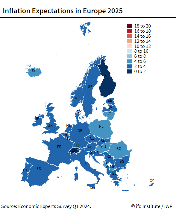 Map, Inflation Expectations Europe 2025, Economic Experts Survey in Q1 2024