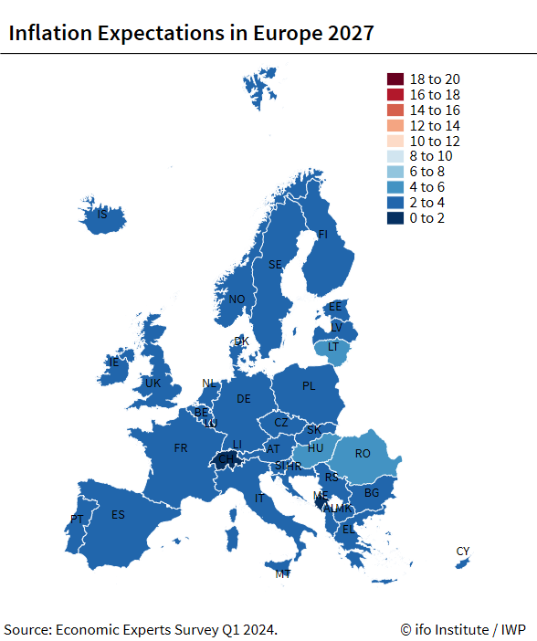 Map, Inflation Expectations Europe 2027, Economic Experts Survey in Q1 2024